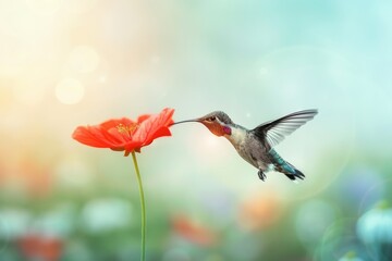 Obraz premium Vibrant Hummingbird in Flight Against Summer Landscape Generative AI