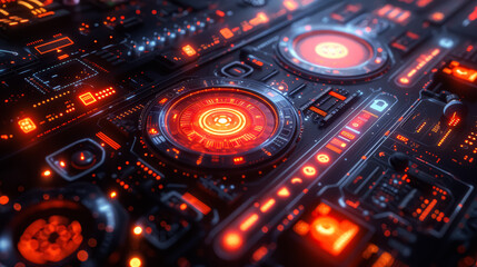 A close up of a computer monitor with a red glowing circle in the middle. Concept of technology and innovation, with the glowing circle representing the advanced technology of the computer