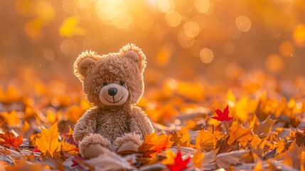 Fototapeta premium Smiling teddy bear on a pile of maple leaves in autumn. The brown bear has a friendly face surrounded by colorful leaves. The background is blurry orange, creating a warm and inviting atmosphere