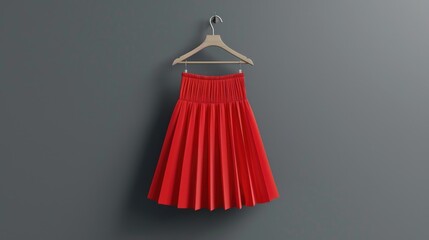 A red skirt hanging on a hanger against a gray background, great for fashion or interior design use