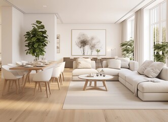 Bright Open Living Room with White Sofa and Indoor Plants