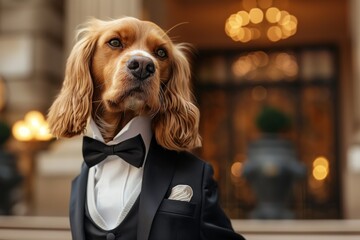 Sophisticated spaniel dog wearing a custom-tailored tuxedo with a bowtie, ready to attend a formal event with poise and style