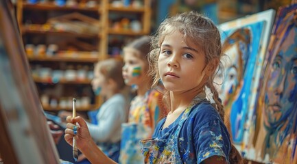 Obraz premium Young girls happily painting on canvas during an art class, showcasing their creativity and enjoying the activity.