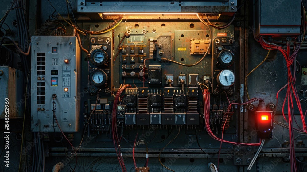 Aufkleber A close-up shot of a control panel with a bright red light, suitable for use in industrial or technical contexts