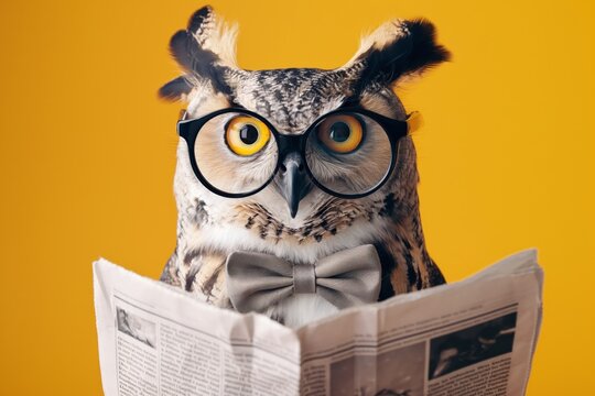 Amusing image of a majestic owl dressed as a scholar with large spectacles and bow tie, attentively perusing a newspaper
