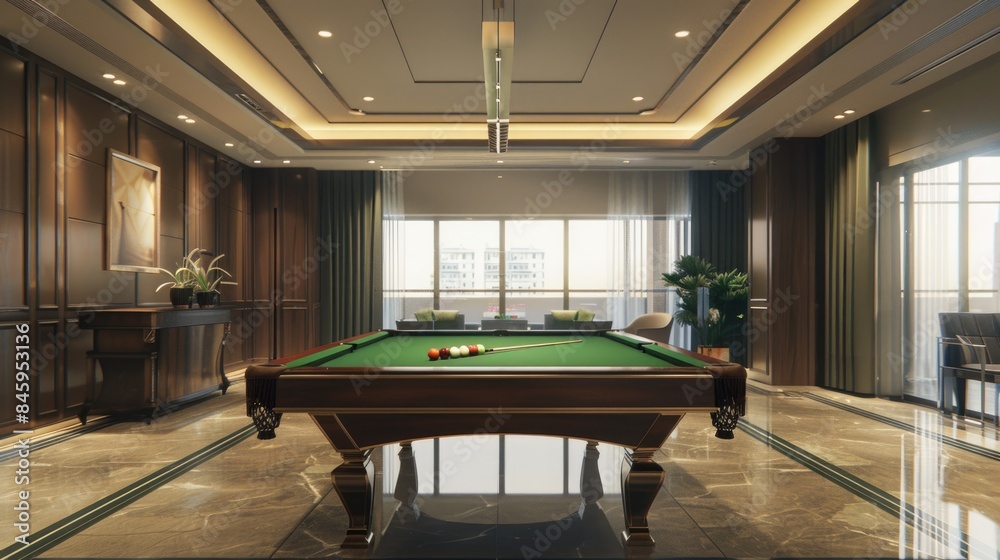 Poster a pool table situated in a well-lit room with numerous windows