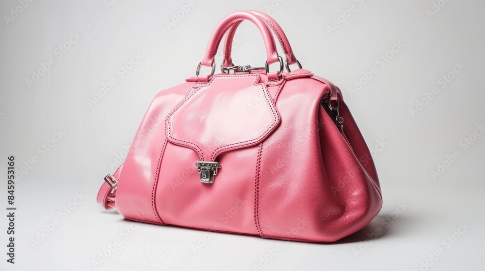Poster a small pink purse sits on top of a table, perfect for storing small items
