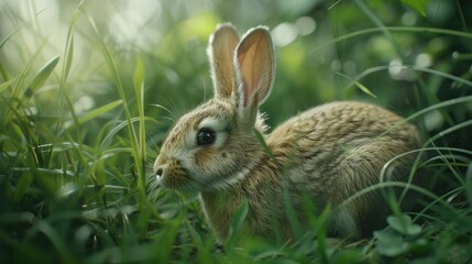 Fototapeta premium A rabbit sits in the tall grass, surrounded by foliage