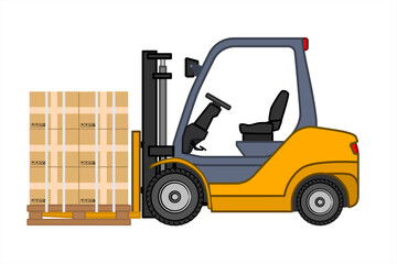 Industrial forklift truck with boxes. Side view of the machine. Hydraulic machinery . Industrial color loader.  Forklift unloads the pallets with boxes. Vector illustration in flat style.