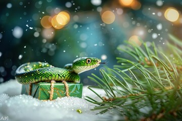 Festive Holiday Gift Scene with Snake and Snowy Background Generative AI