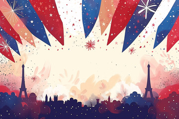 Festive French Flags and Fireworks Over Paris Cityscape