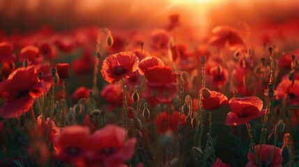 Obraz premium A field of vibrant red poppies against a warm orange and yellow sunset backdrop
