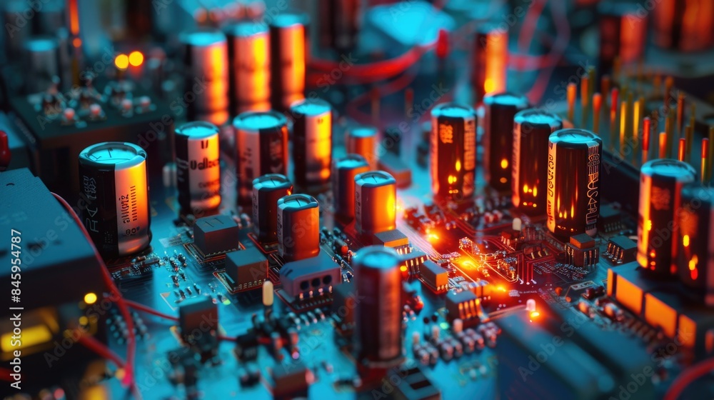 Aufkleber close-up view of various electronic components on a circuit board, suitable for technology and elect
