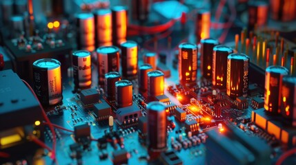 Close-up view of various electronic components on a circuit board, suitable for technology and electronics-related uses