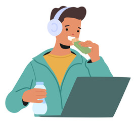 Young Man In Headphones And Enjoying A Healthy Snack While Working On His Laptop. Character Holding A Bottle Of Water