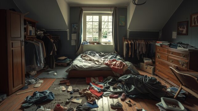 A messy bedroom with an unmade bed, clothes scattered on the floor, and an open closet overflowing with clothes.