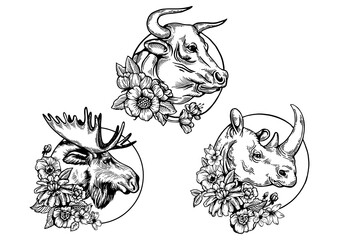 Bull Rhinoceros Moose heads animal set tattoo with flowers sketch engraving PNG illustration. T-shirt apparel print design. Scratch board imitation. Black and white hand drawn image.