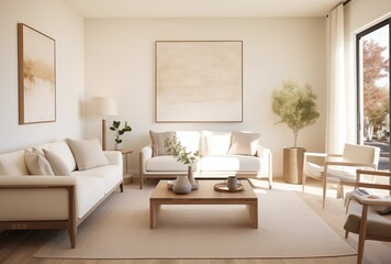 Fototapeta premium Bright Living Room With Modern Furniture And Large Windows