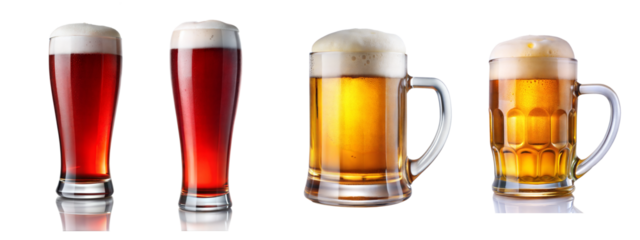 Assorted red and amber beers in glasses on transparent background