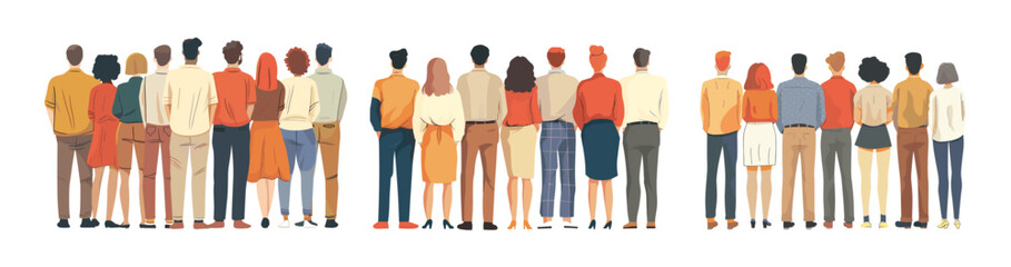 Obraz premium Back view crowd cartoon scenes vector set. Men women bunch together casual wear full length people standing group characters illustration isolated on white background