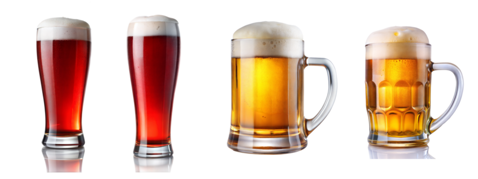 Assorted red and amber beers in glasses on transparent background