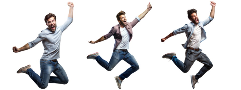 Three energetic men jumping in excitement on transparent background