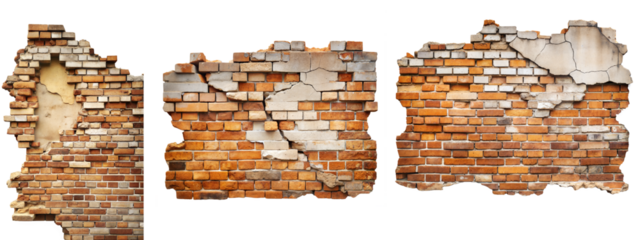 Three sections of damaged brick walls with exposed surfaces