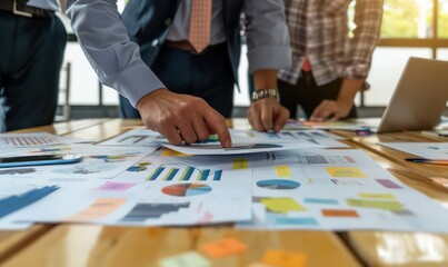 Fototapeta premium Business brain storm strategy ideas sharing hand paper document chart analysis close up,business people teamwork consult organize big data summary together conference meeting office
