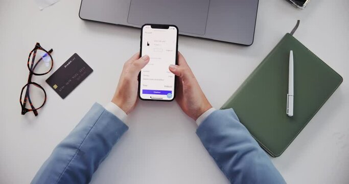 Phone screen, credit card and business hands in office with top view sale, search or service, subscription and sign up. Ecommerce, homepage and person with smartphone for discount, scroll or payment