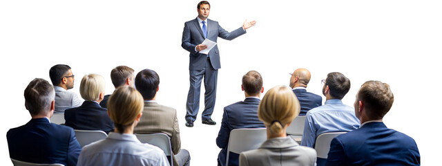 Business presentation with professional speaker addressing audience