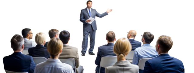 Business presentation with professional speaker addressing audience