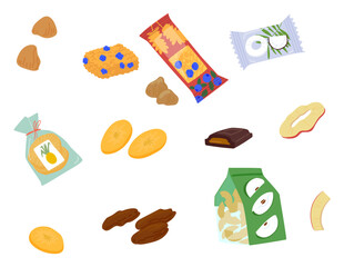 Colorful Assortment Of Healthy And Organic Snacks Suitable For Vegans, Isolated On A White Background