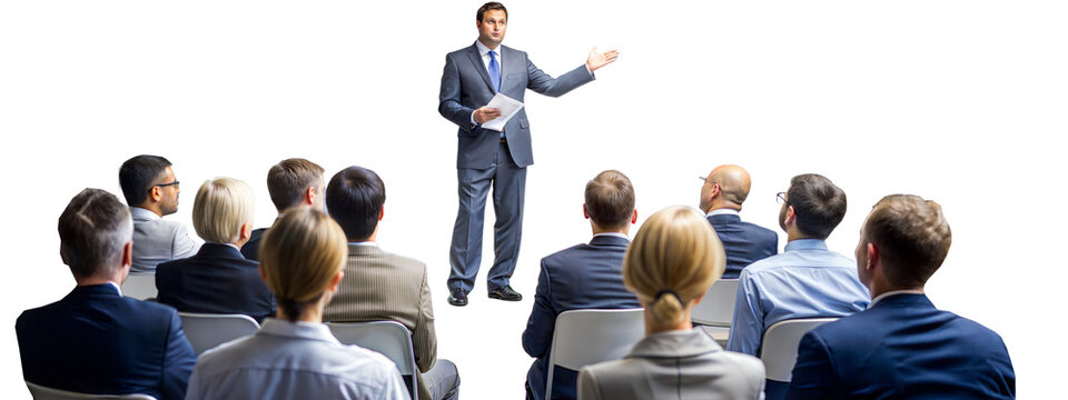 Business presentation with professional speaker addressing audience