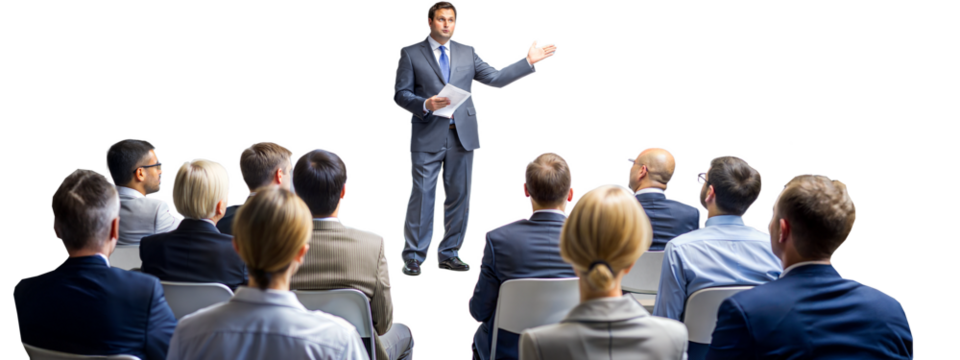 Business presentation with professional speaker addressing audience