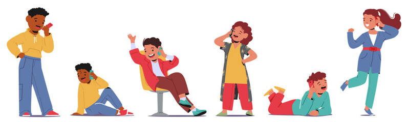 Group Of Children Engaging In Lively Phone Conversations. Kids Are Smiling, Laughing, And Having Fun While Communicating