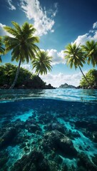 Tropical lagoon with coconut trees and clear blue skies. Picture half-submerged in water showing both the underwater scenery and the land