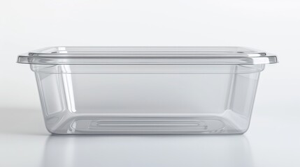 A clear, empty plastic food container set against a white background