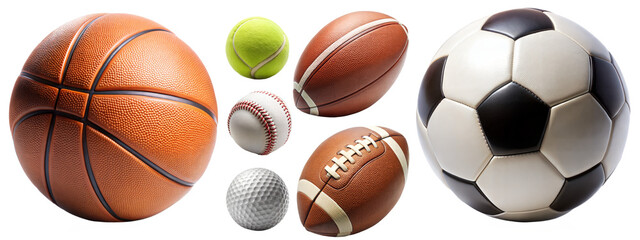 Various sports balls on transparent background for athletic themes