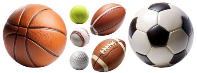 Various sports balls on transparent background for athletic themes