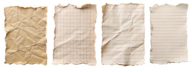 Set of crumpled and torn paper sheets isolated on transparent background