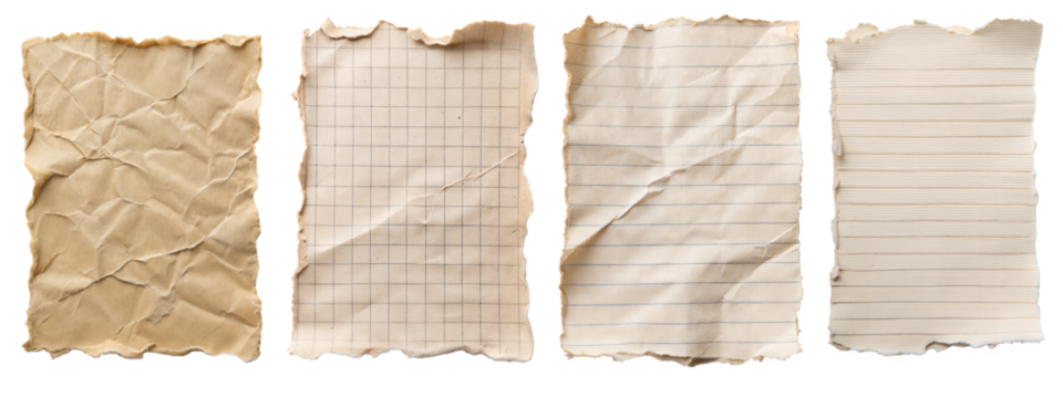 Set of crumpled and torn paper sheets isolated on transparent background