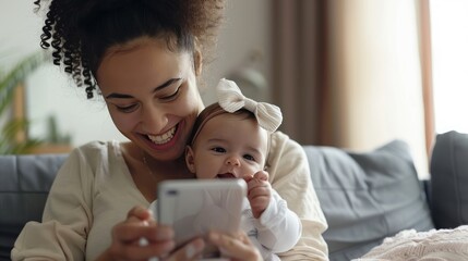 A joyful mother and her adorable baby bonding and having a great time using a smartphone on the couch at home talking via video call