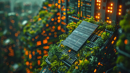 a dynamic image of a robotic arm sorting through a pile of solar panels, with a futuristic cityscape.generative ai