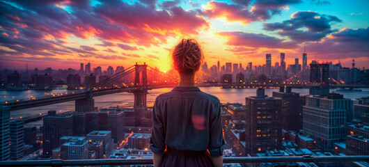 young woman looking at the brooklyn bridge