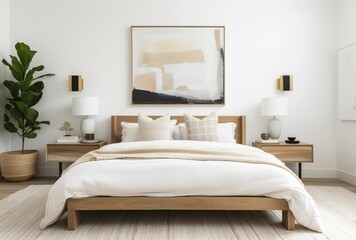 Modern Bedroom With Abstract Art And Wooden Bed Frame