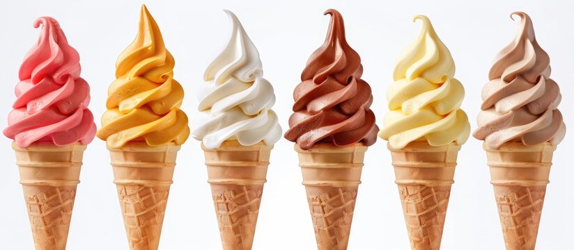 Variety of soft serve ice cream flavors on a crispy cone against a white background (includes clipping path)