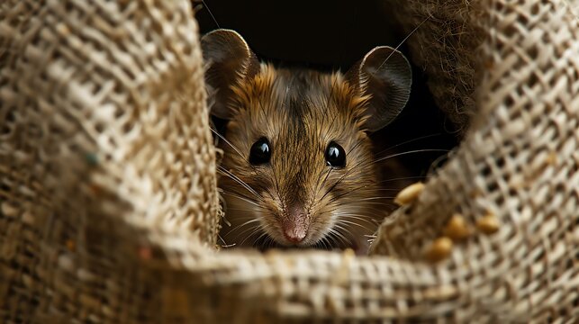 Closeup the head of the field mouse apodemus agrarius peeps from the hole in the linen sack and looking at camera