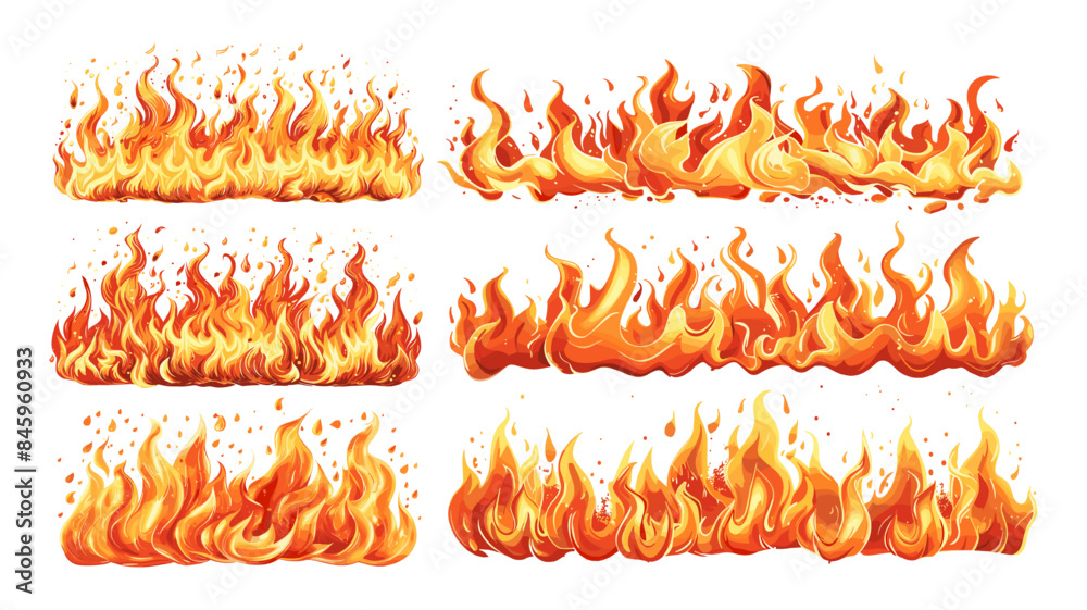 Sticker Fire borders cartoon vector set. Flame tongues burning combustion smoldering flaming lines burns banners isolated on white background