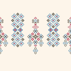 Traditional ethnic motifs ikat geometric fabric pattern cross stitch.Ikat embroidery Ethnic oriental Pixel brown cream background. Abstract,vector,illustration. Texture,scarf,decoration,wallpaper.