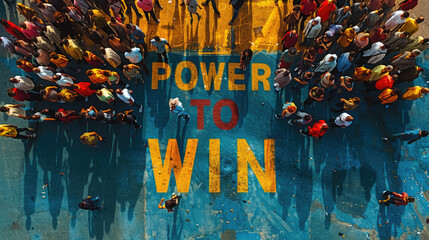 the varying density of people clustered around each letter POWER TO WIN